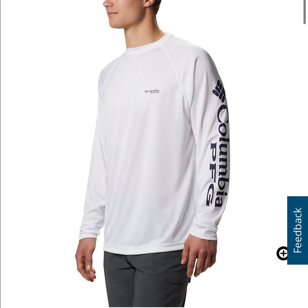 White and Navy Columbia PFG Long Sleeve Shirt
